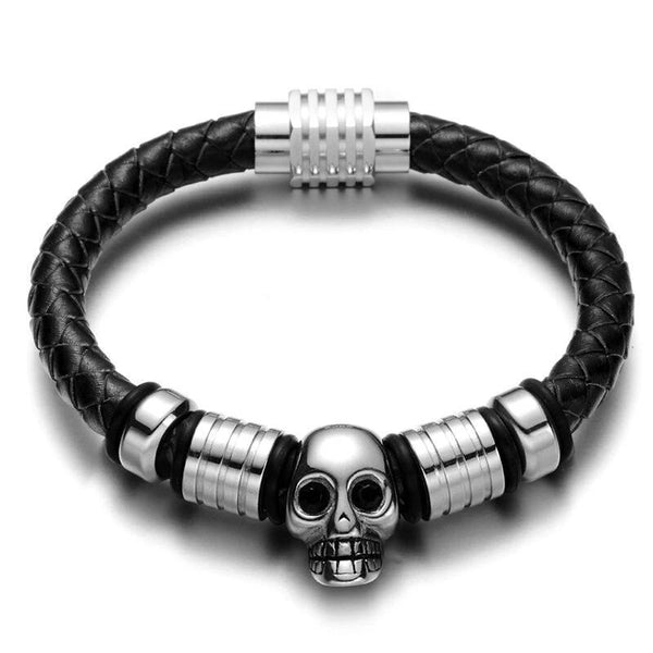 Black Braided Leather Stainless Skull with Cubic Zirconia Bracelet - InnovatoDesign
