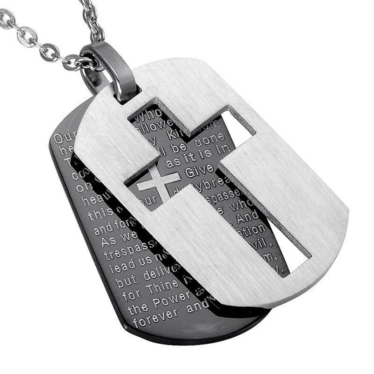 Lord's Prayer Dual Dog Tag with Hollow Cross Necklace-Necklaces-Innovato Design-Black-Innovato Design