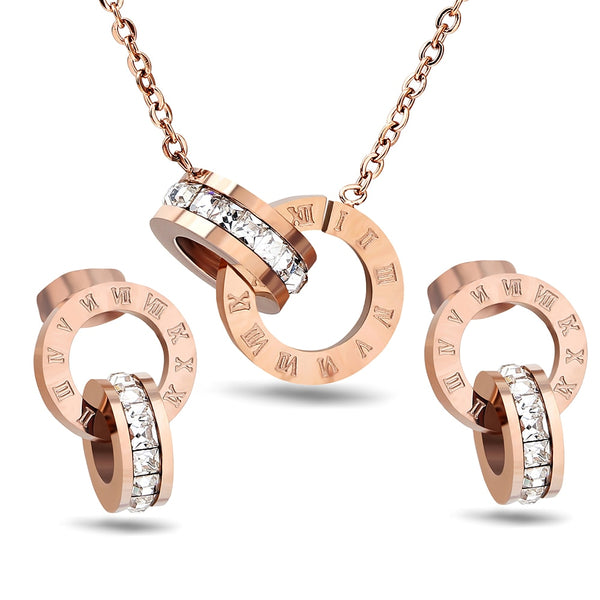 Rose-Gold-Plated Roman Numbers and Crystal Stainless Steel Necklace & Earrings Wedding Jewelry Set