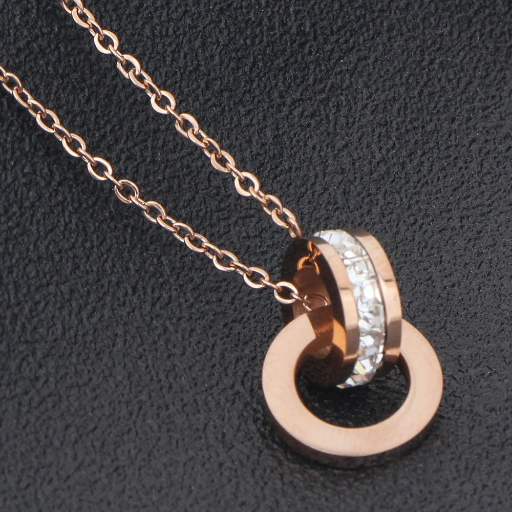 Rose-Gold-Plated Roman Numbers and Crystal Stainless Steel Necklace & Earrings Wedding Jewelry Set-Jewelry Sets-Innovato Design-Innovato Design