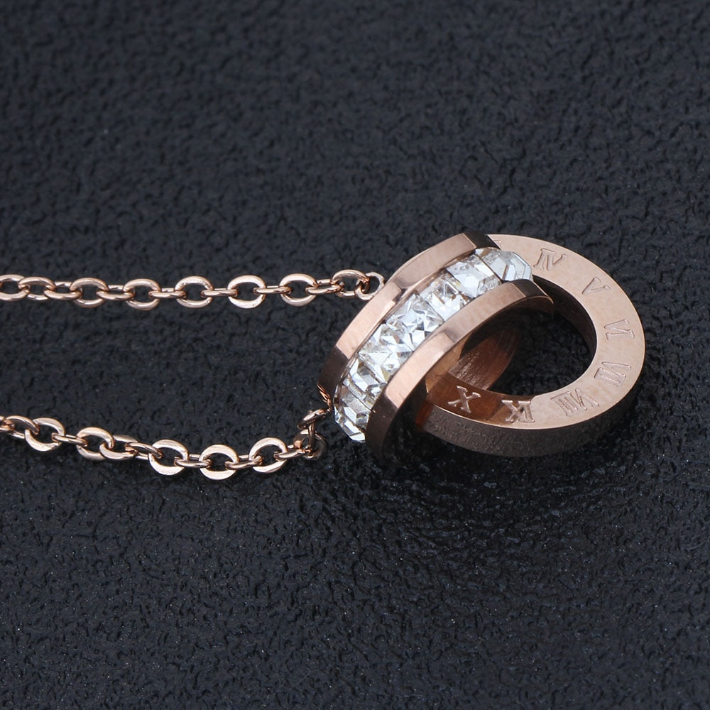 Rose-Gold-Plated Roman Numbers and Crystal Stainless Steel Necklace & Earrings Wedding Jewelry Set-Jewelry Sets-Innovato Design-Innovato Design