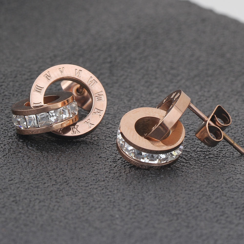 Rose-Gold-Plated Roman Numbers and Crystal Stainless Steel Necklace & Earrings Wedding Jewelry Set-Jewelry Sets-Innovato Design-Innovato Design