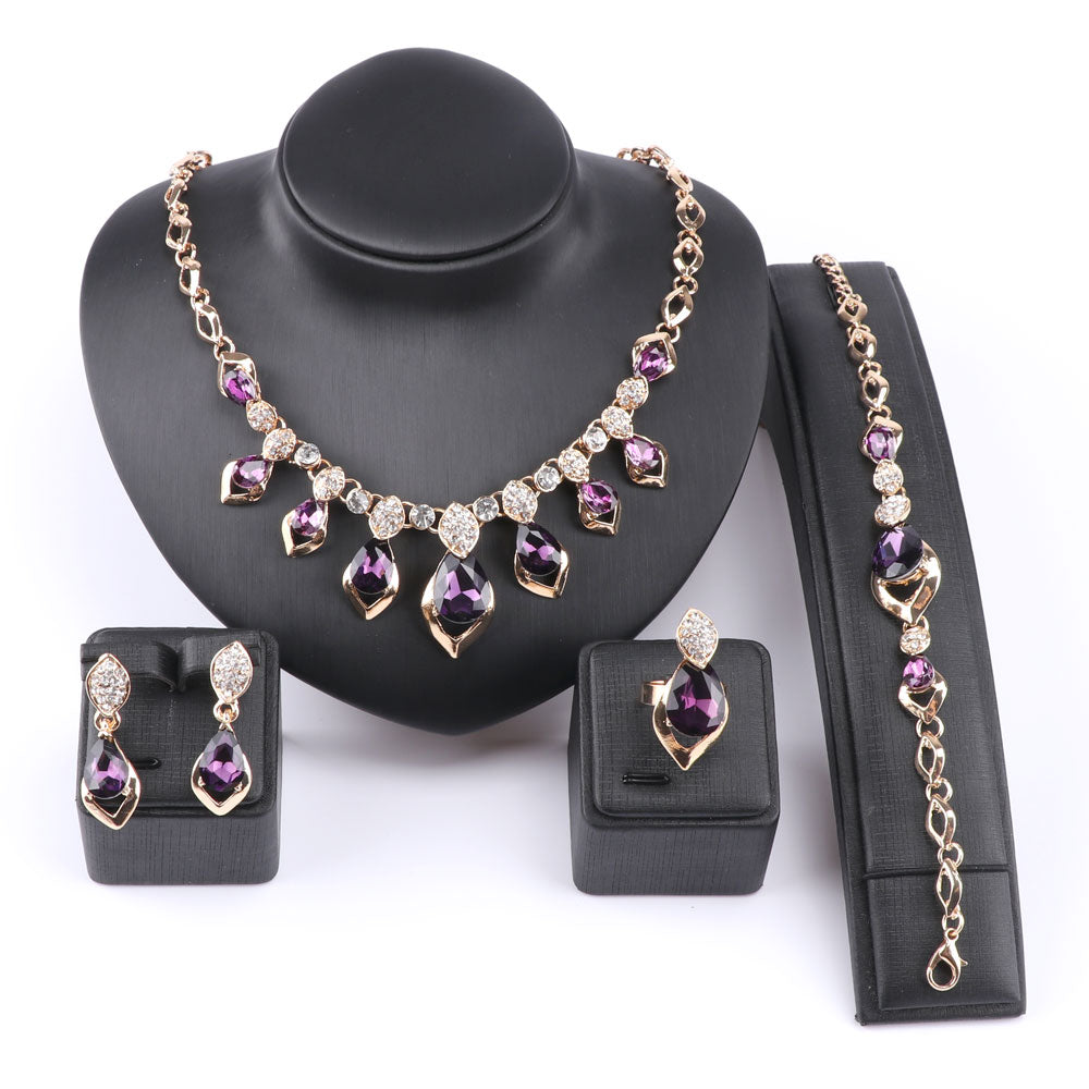 Purple Cubic Zirconia and Austrian Crystal Necklace, Bracelet, Earrings & Ring Wedding Jewelry Set-Jewelry Sets-Innovato Design-Innovato Design