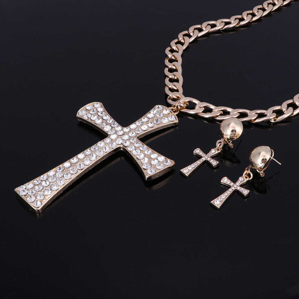 Gold/Silver-Plated Crystal Ethiopian Cross Necklace & Earrings Wedding Statement Jewelry Set-Jewelry Sets-Innovato Design-Gold-Innovato Design