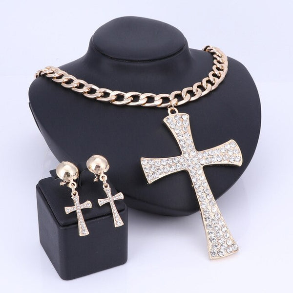 Gold/Silver-Plated Crystal Ethiopian Cross Necklace & Earrings Wedding Statement Jewelry Set-Jewelry Sets-Innovato Design-Gold-Innovato Design