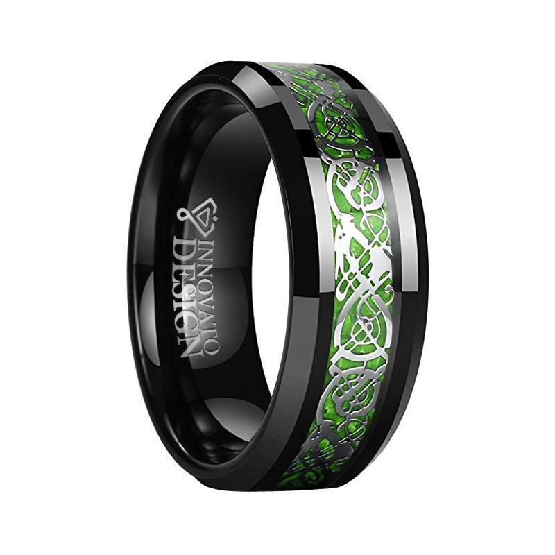 Black & Green Dragon Inlay Tungsten Carbide Ring-Rings-Innovato Design-5-Innovato Design