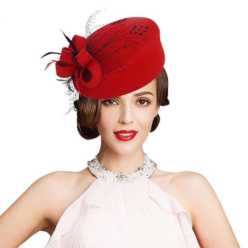 Wool Felt Pillbox Fascinator Hat with Netted Veil, Flower, Feathers and Beads-Hats-Innovato Design-Red-Innovato Design