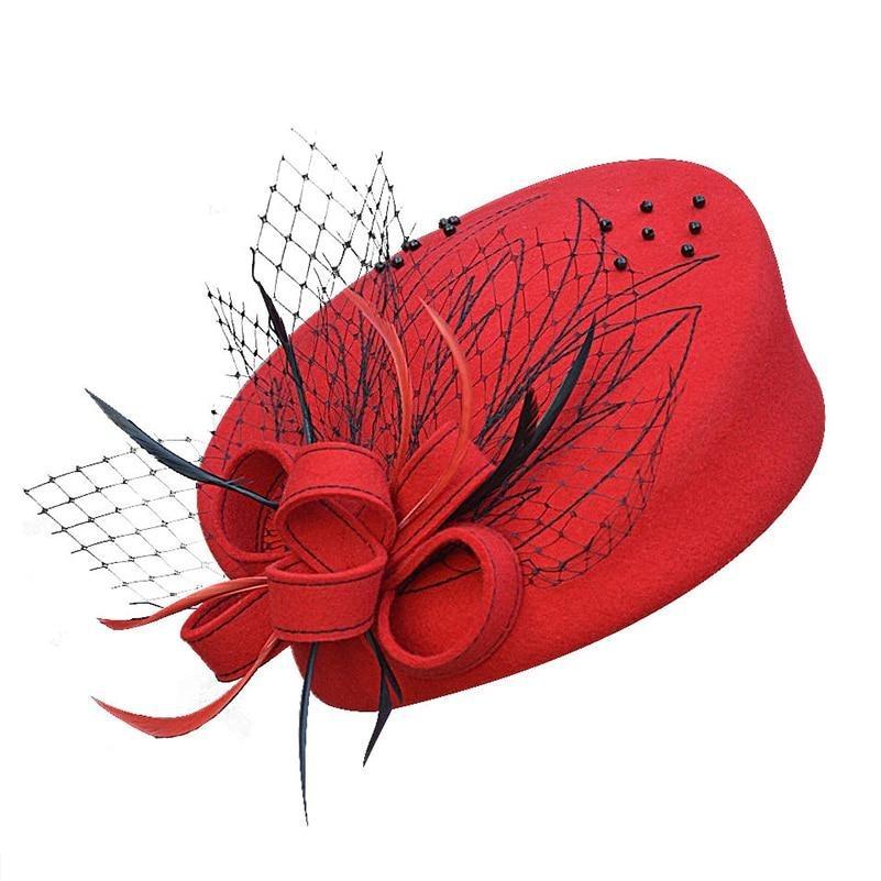 Wool Felt Pillbox Fascinator Hat with Netted Veil, Flower, Feathers and Beads-Hats-Innovato Design-Red-Innovato Design