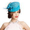 Wool Felt Pillbox Fascinator Hat with Netted Veil, Flower, Feathers and Beads