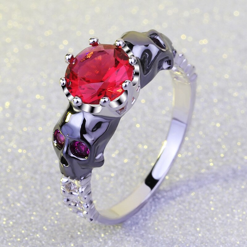 Black Skull and Red Crystal Punk Wedding Ring-Rings-Innovato Design-5-Innovato Design