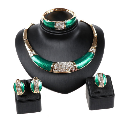 Rhinestone Green Surface Necklace, Bracelet, Earrings & Ring Wedding Statement Jewelry Set-Jewelry Sets-Innovato Design-Innovato Design