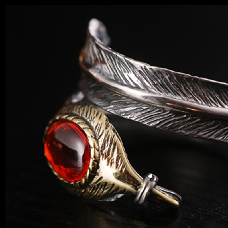 Red Cubic Zirconia Feather 925 Sterling Silver Handmade Vintage Ring-Rings-Innovato Design-Innovato Design