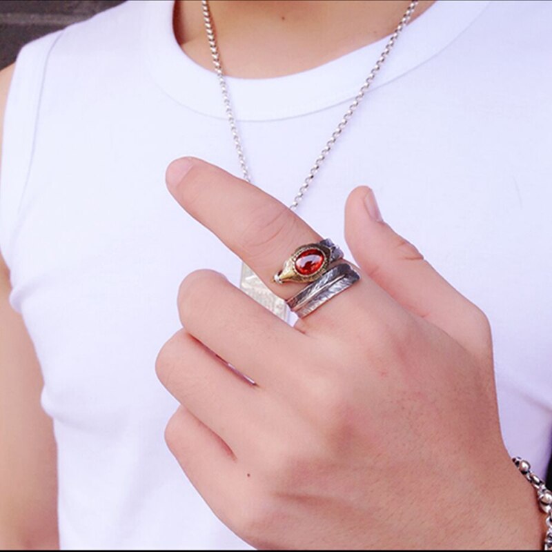 Red Cubic Zirconia Feather 925 Sterling Silver Handmade Vintage Ring-Rings-Innovato Design-Innovato Design