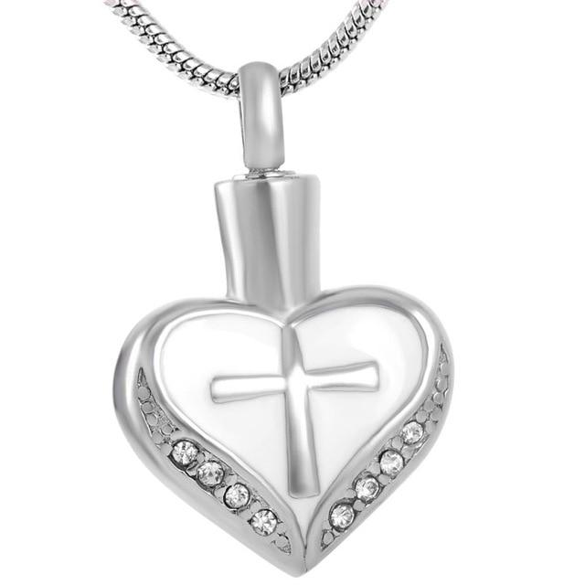 Urn Heart with Cubic Zirconia Crystals and Cross Design Pendant-Necklaces-Innovato Design-Silver & White-Innovato Design
