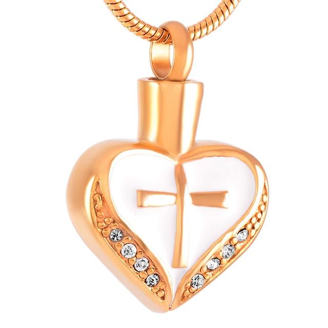 Urn Heart with Cubic Zirconia Crystals and Cross Design Pendant-Necklaces-Innovato Design-Rose Gold-Innovato Design