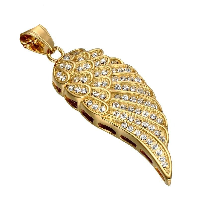 Rhinestone-Studded Gold-Plated Angel Wing Bling Stainless Steel Hip-hop Pendant Necklace-Necklaces-Innovato Design-Gold-Innovato Design