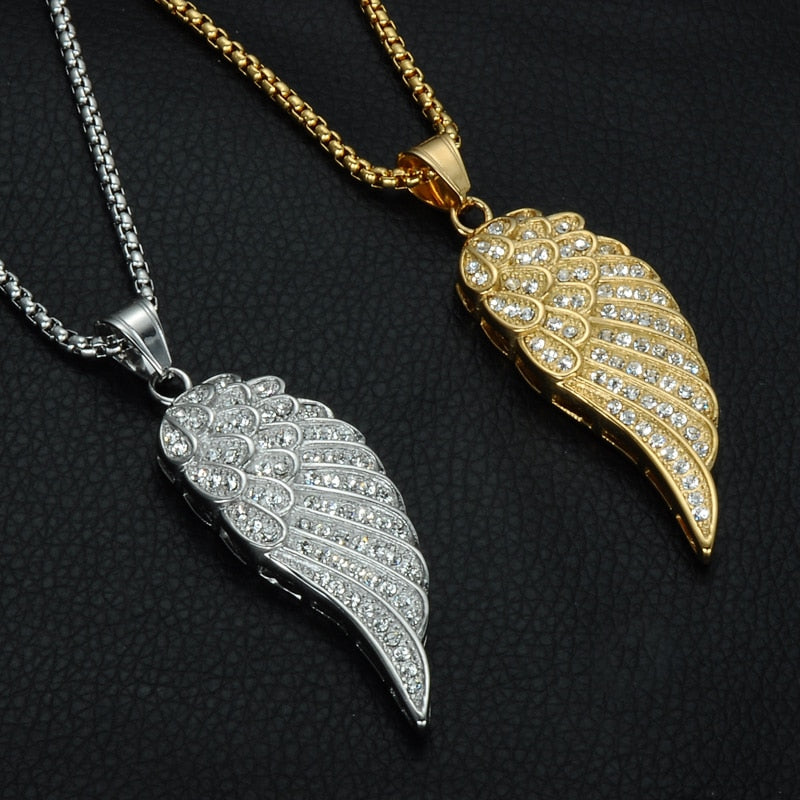 Rhinestone-Studded Gold-Plated Angel Wing Bling Stainless Steel Hip-hop Pendant Necklace-Necklaces-Innovato Design-Silver-Innovato Design