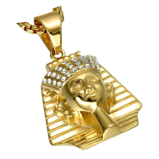 Cubic Zirconia Studded Ancient Egypt Pharaoh Bead Chain Stainless Steel Hip-hop Pendant Necklace-Necklaces-Innovato Design-Innovato Design