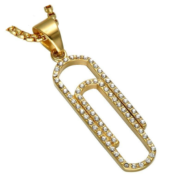 Rhinestone-Studded Gold-Plated Paperclip Bling Stainless Steel Hip-hop Pendant Necklace