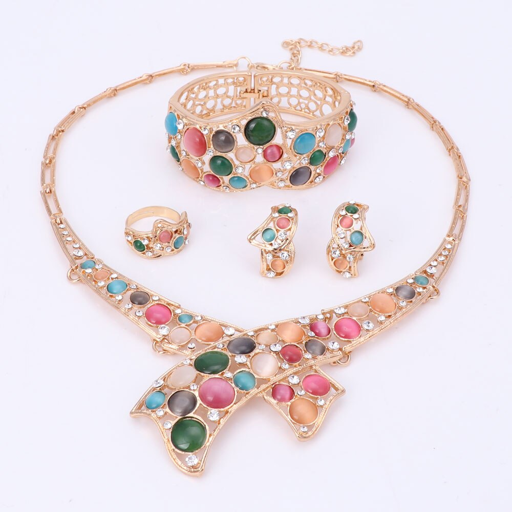 Cat's Eye and Crystal Necklace, Bracelet, Earrings & Ring Wedding Jewelry Set-Jewelry Sets-Innovato Design-Silver-Innovato Design