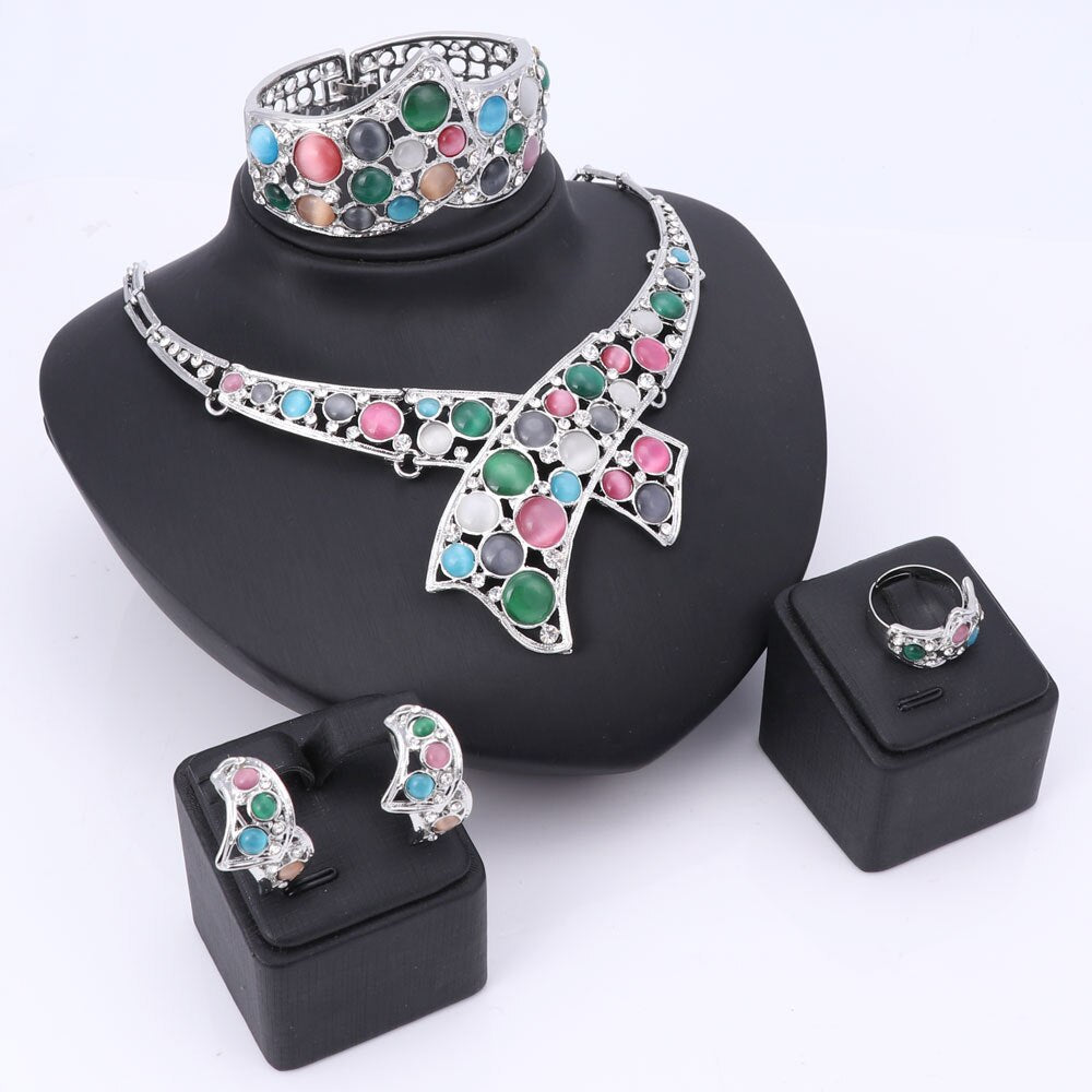 Cat's Eye and Crystal Necklace, Bracelet, Earrings & Ring Wedding Jewelry Set-Jewelry Sets-Innovato Design-Silver-Innovato Design