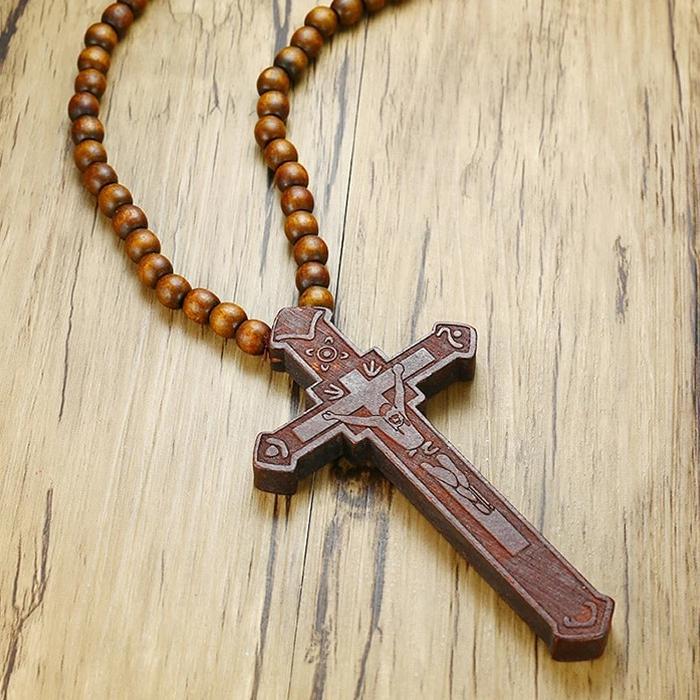 Large Catholic Wooden Cross Bead Rosary Pendant Necklace-Necklaces-Innovato Design-Black-Innovato Design