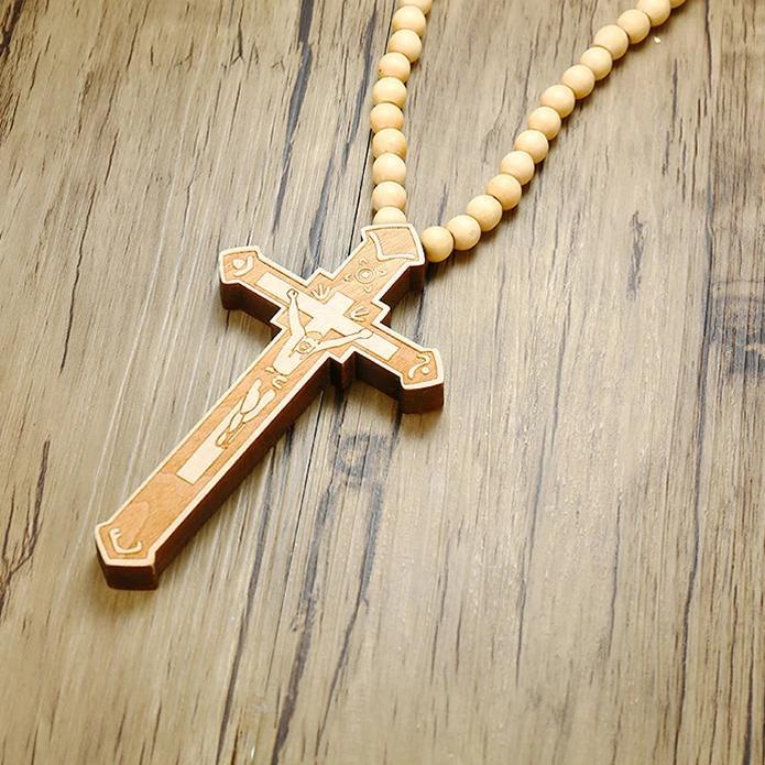 Large Catholic Wooden Cross Bead Rosary Pendant Necklace-Necklaces-Innovato Design-Black-Innovato Design