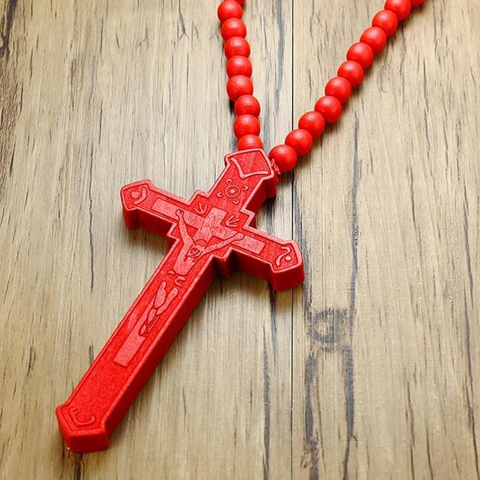 Large Catholic Wooden Cross Bead Rosary Pendant Necklace-Necklaces-Innovato Design-Black-Innovato Design
