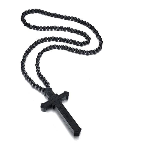 Large Catholic Wooden Cross Bead Rosary Pendant Necklace-Necklaces-Innovato Design-Black-Innovato Design
