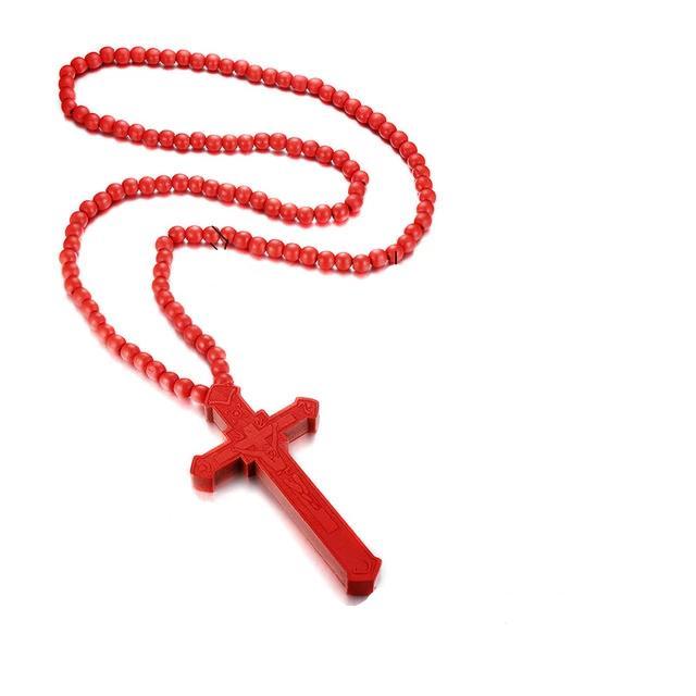 Large Catholic Wooden Cross Bead Rosary Pendant Necklace-Necklaces-Innovato Design-Red-Innovato Design