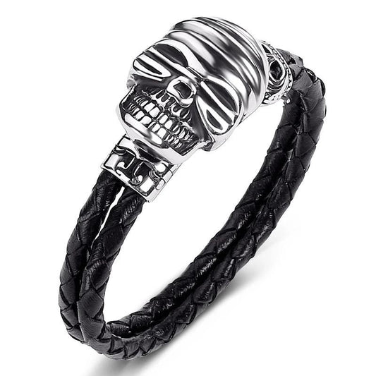 Black Braided Leather Stainless Steel Smiling Skull Bracelet-Skull Bracelet-Innovato Design-Black-6.5-Innovato Design