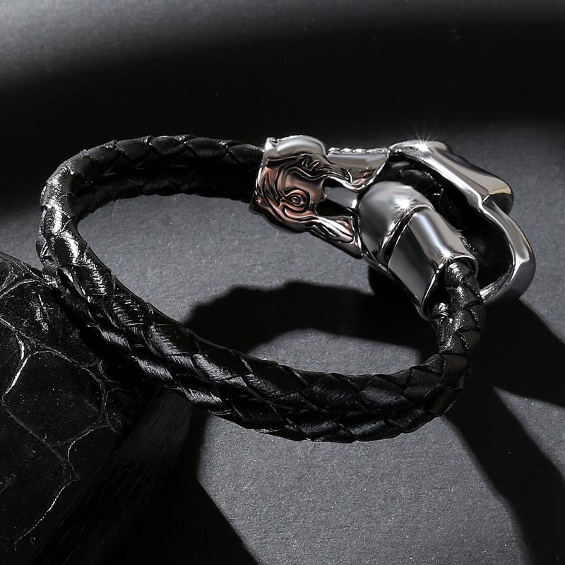 Black Braided Leather Stainless Steel Smiling Skull Bracelet-Skull Bracelet-Innovato Design-Black-6.5-Innovato Design