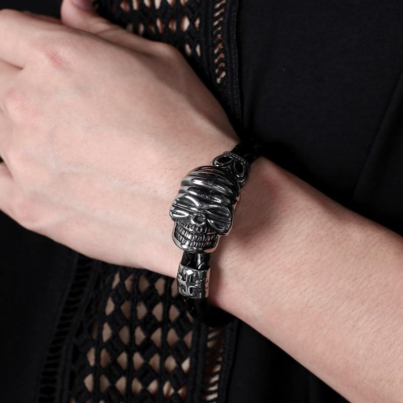Black Braided Leather Stainless Steel Smiling Skull Bracelet-Skull Bracelet-Innovato Design-Black-6.5-Innovato Design
