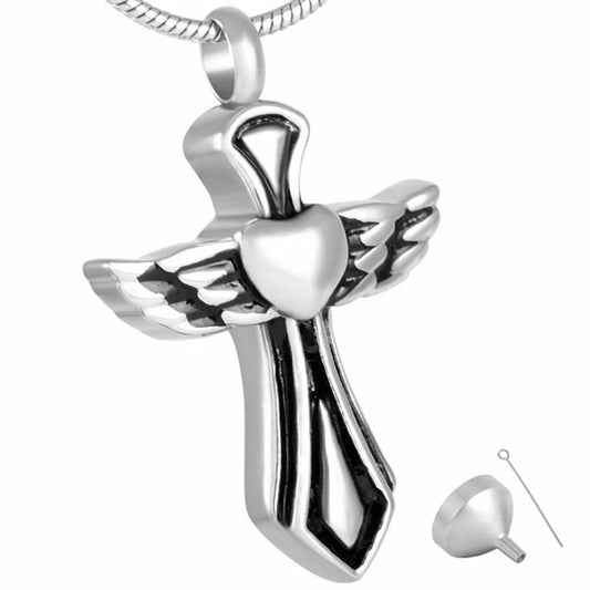 Silver Angelic Winged Heart Cross Mini-Urn Pendant Necklace-Necklaces-Innovato Design-Innovato Design