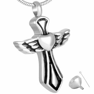 Silver Angelic Winged Heart Cross Mini-Urn Pendant Necklace-Necklaces-Innovato Design-Innovato Design