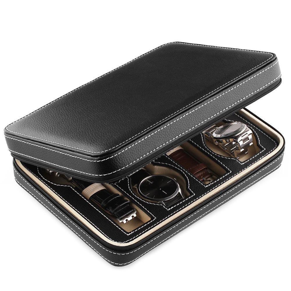 Black Leather Watch and Jewelry Zippered Display Storage Box-Watch Box-Innovato Design-Innovato Design