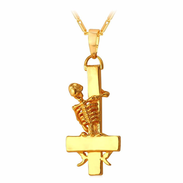 Gold Plated Gothic Skeleton Upside Down Cross Pendant Necklace - InnovatoDesign