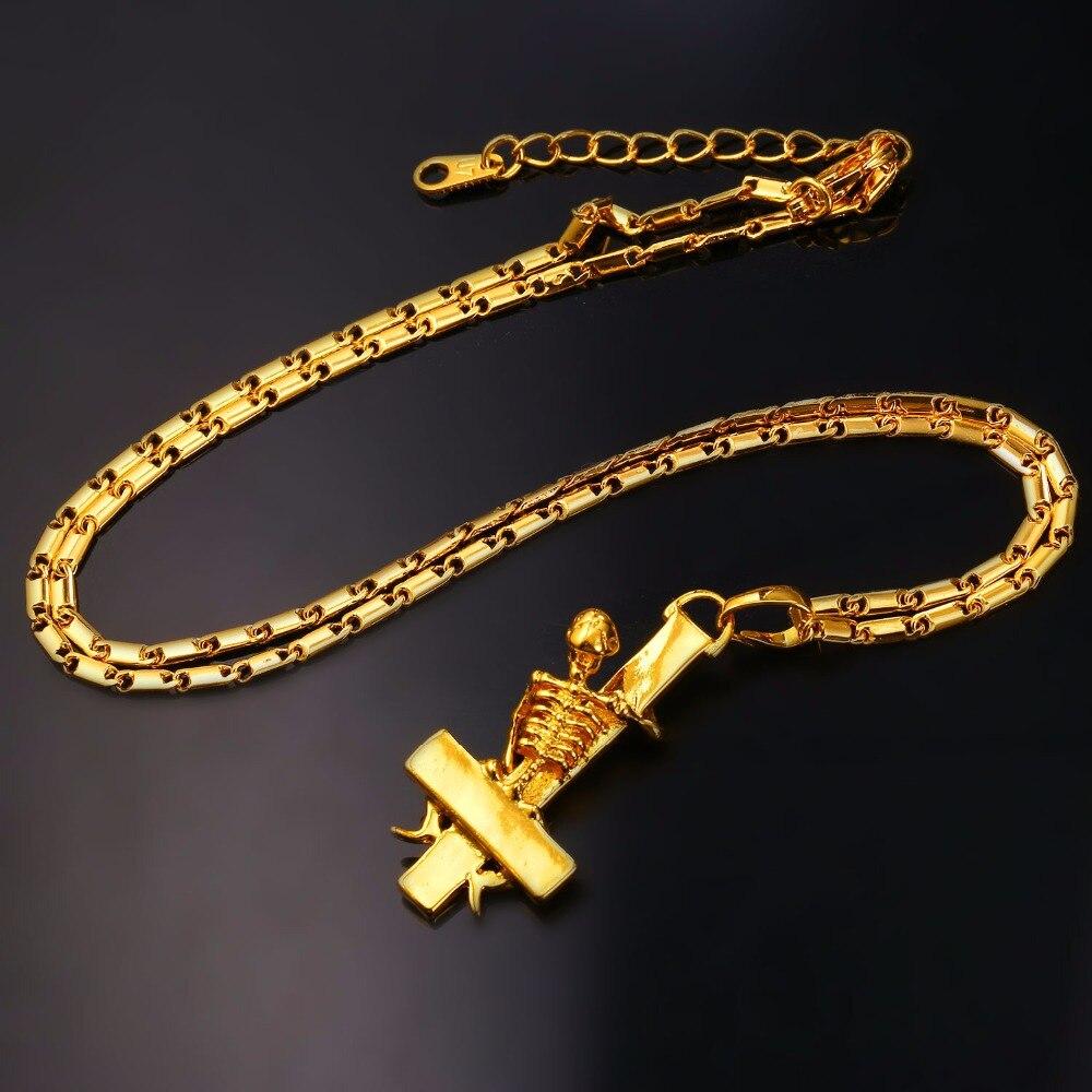 Gold Plated Gothic Skeleton Upside Down Cross Pendant Necklace-Necklaces-Innovato Design-Gold-Innovato Design