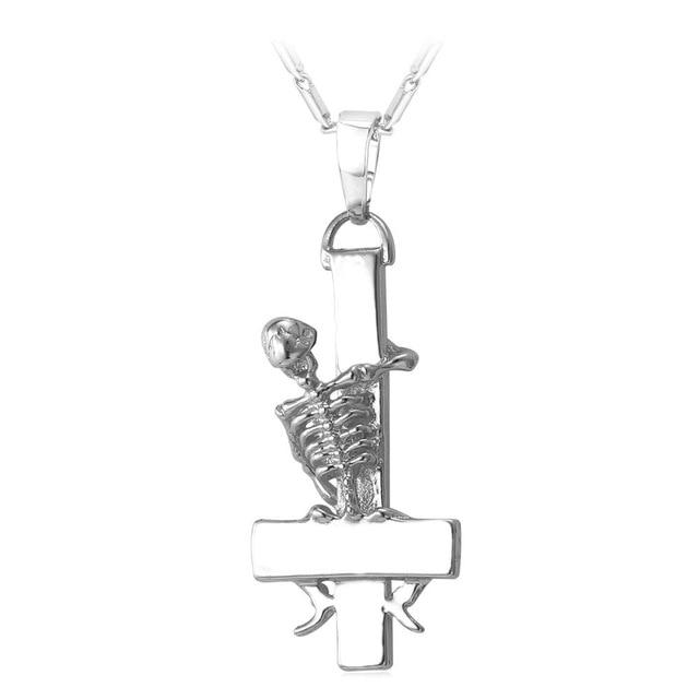 Gold Plated Gothic Skeleton Upside Down Cross Pendant Necklace-Necklaces-Innovato Design-Silver-Innovato Design