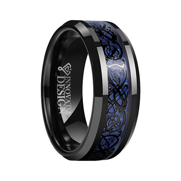 8mm Mens Blue Carbon Fiber Black Dragon Ring-Rings-Innovato Design-5-Innovato Design
