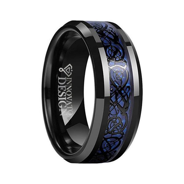 8mm Mens Blue Carbon Fiber Black Dragon Ring