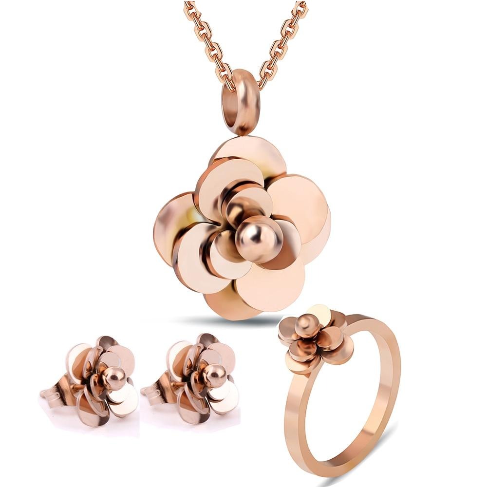 Rose-Gold-Plated Flower Stainless Steel Necklace, Earrings & Ring Fashion Jewelry Set-Jewelry Sets-Innovato Design-6-Innovato Design