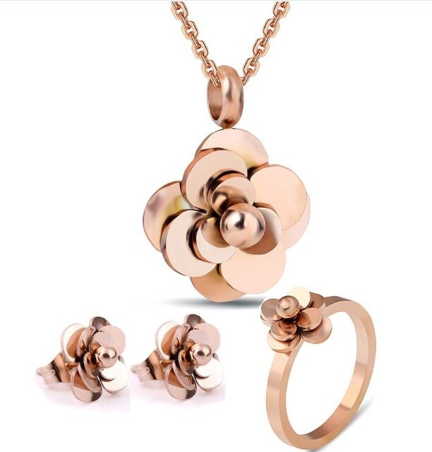 Rose-Gold-Plated Flower Stainless Steel Necklace, Earrings & Ring Fashion Jewelry Set-Jewelry Sets-Innovato Design-9-Innovato Design