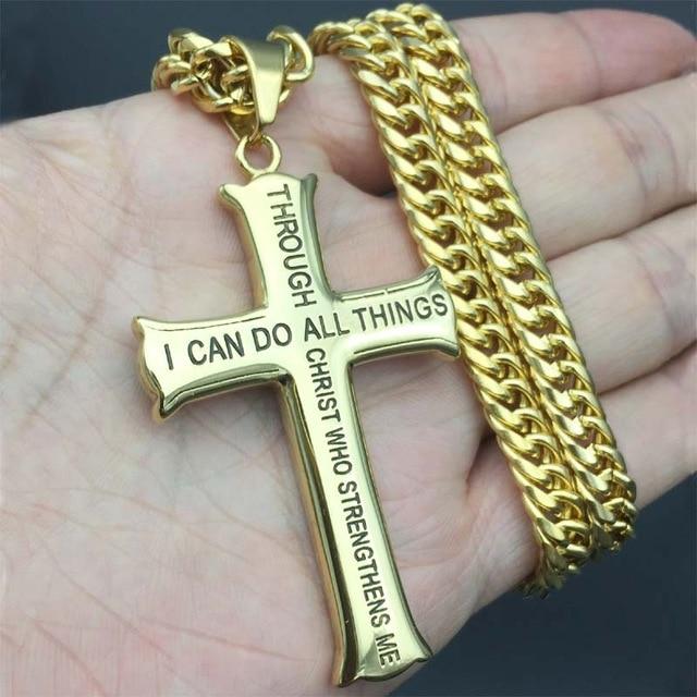 Men's Gold/Silver Stainless Steel Cross Pendant Necklace with Bible Verse-Necklaces-Innovato Design-Gold-24inch-Innovato Design