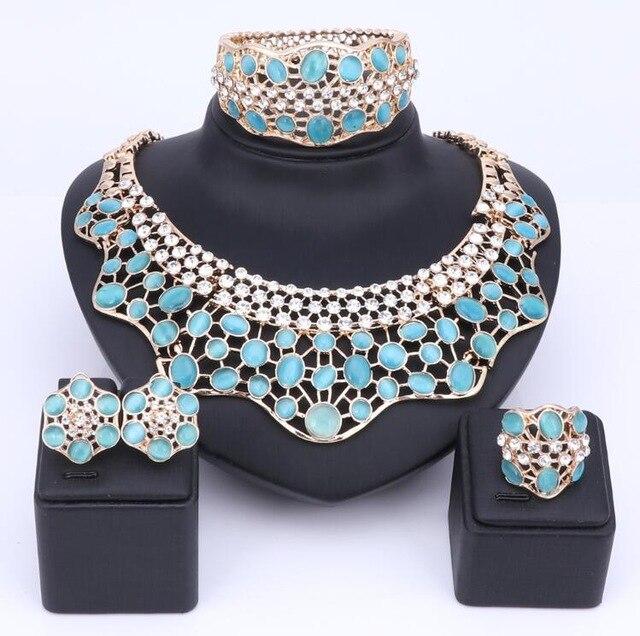 Crystal and Cat's Eye Necklace, Bracelet, Earrings & Ring Wedding Statement Jewelry Set-Jewelry Sets-Innovato Design-Blue-Innovato Design