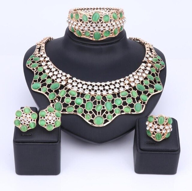 Crystal and Cat's Eye Necklace, Bracelet, Earrings & Ring Wedding Statement Jewelry Set-Jewelry Sets-Innovato Design-Green-Innovato Design