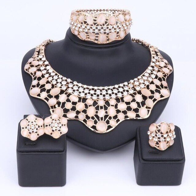 Crystal and Cat's Eye Necklace, Bracelet, Earrings & Ring Wedding Statement Jewelry Set-Jewelry Sets-Innovato Design-Yellow-Innovato Design