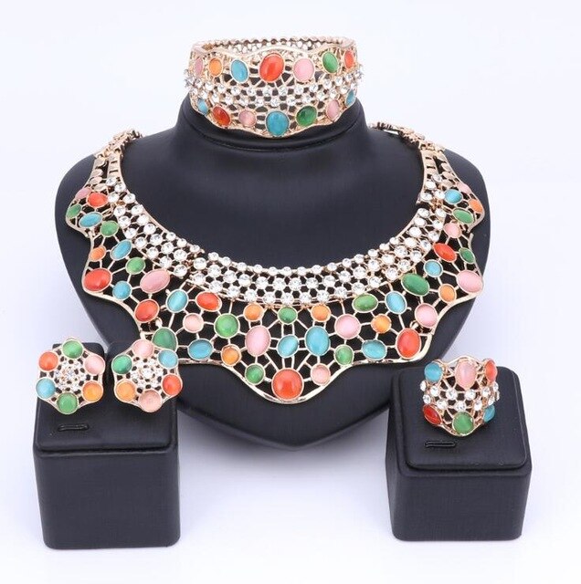 Crystal and Cat's Eye Necklace, Bracelet, Earrings & Ring Wedding Statement Jewelry Set-Jewelry Sets-Innovato Design-Rainbow-Innovato Design