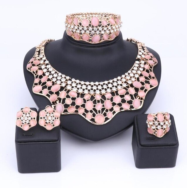 Crystal and Cat's Eye Necklace, Bracelet, Earrings & Ring Wedding Statement Jewelry Set-Jewelry Sets-Innovato Design-Pink-Innovato Design