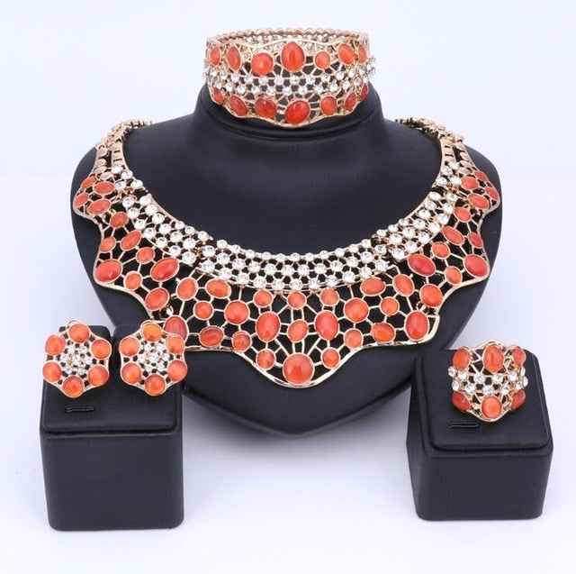 Crystal and Cat's Eye Necklace, Bracelet, Earrings & Ring Wedding Statement Jewelry Set-Jewelry Sets-Innovato Design-Red-Innovato Design